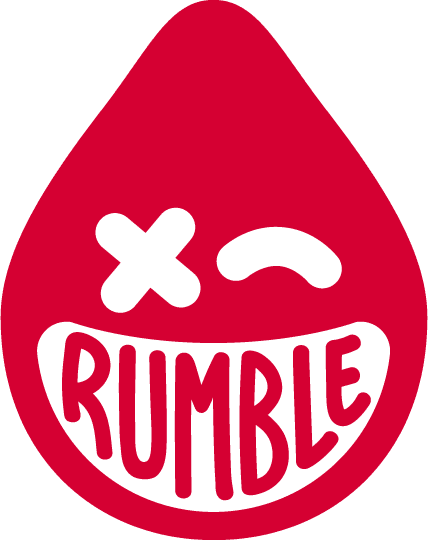 Rumble Boxing logo featuring a red, teardrop-shaped character with a playful face, including a white 'X' eye, a curved smile, and bold, stylized 'RUMBLE' text as its teeth.